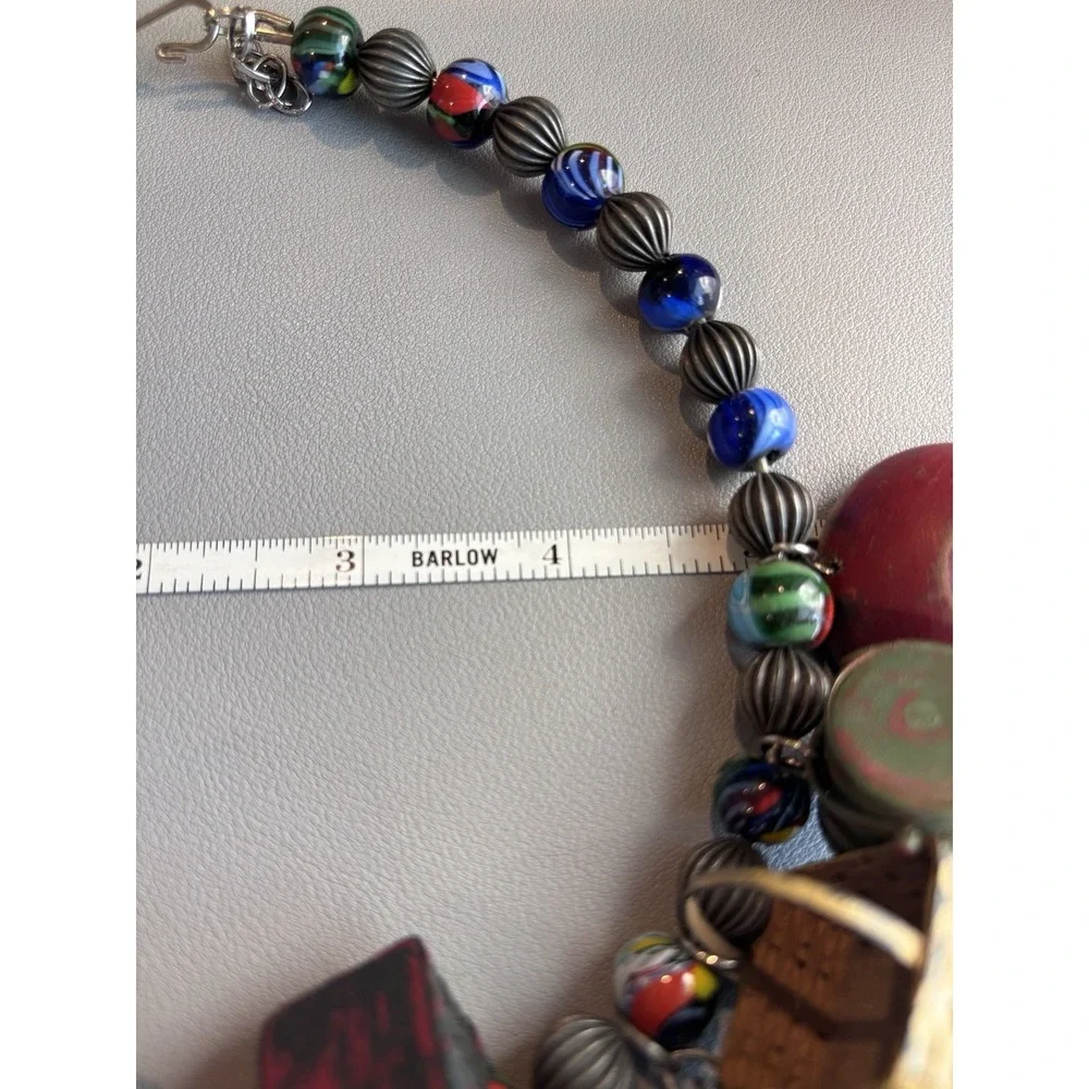 Vintage Mexican Folk Art Charm Necklace Statement Bib Beaded Wood Metal
